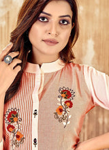 Load image into Gallery viewer, Buy Peach and Orange color 3/4th sleeves Embroidery Long Flared Kurti
