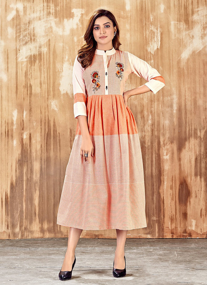 Peach and Orange color 3/4th sleeves Embroidery Long Flared Kurti