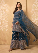 Load image into Gallery viewer, buy Blue color Georgette base Mirror and Zari work Sharara salwar suit
