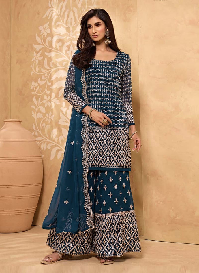 Blue color Georgette base Mirror and Zari work Sharara salwar suit