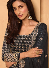Load image into Gallery viewer, buy Mirror And Zari Work Black Color Georgette Base Sharara Suit
