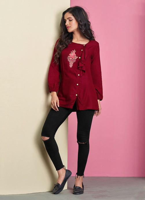 Appealing maroon color full sleeve casual wear simple short kurti