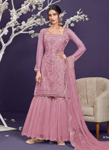 Load image into Gallery viewer, Pink Color Soft Net Fabric Resham And Sequins Work Sharara Suit
