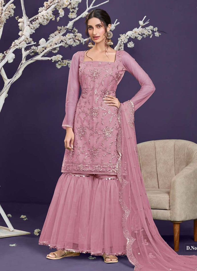 Pink Color Soft Net Fabric Resham And Sequins Work Sharara Suit