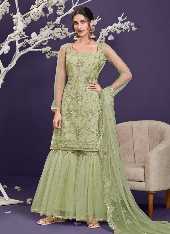 Pista Green Color Soft Net Fabric Sequins Work Sharara Salwar Suit