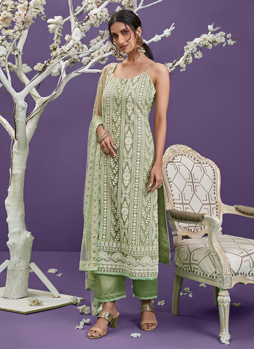 Pista Green Color Soft Net Material Resham Work Pant Style Suit