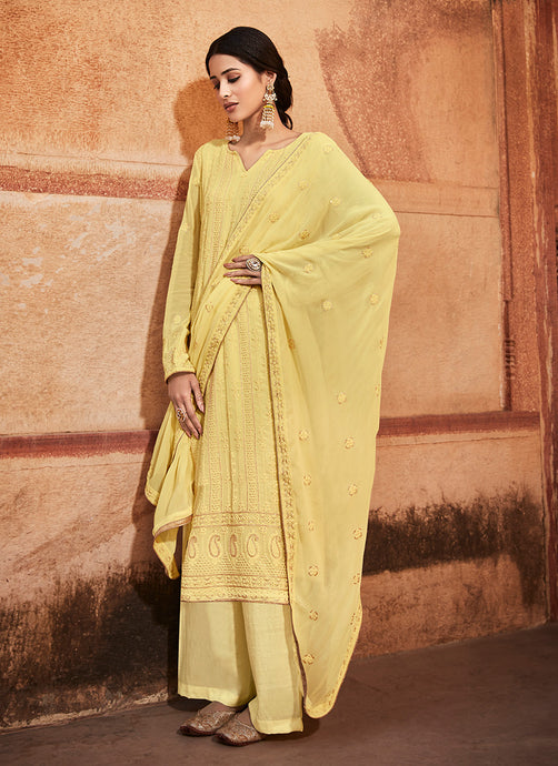 Lucknowi Style Embroidery With Sequins Work Yellow Color Straight Salwar Suit