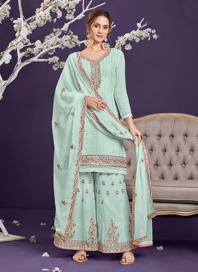 Sea Green Color Georgette Fabric Sequins Work Sharara Salwar Suit