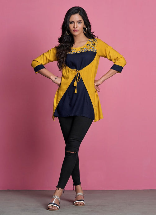 Adorable yellow and navy blue color 3/4th sleeves office wear kurti