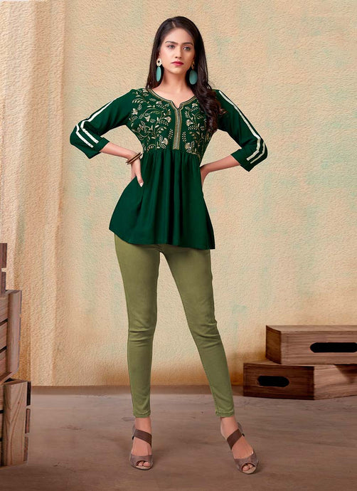Beautiful Forest Green color Cotton base embroidered Short Kurti