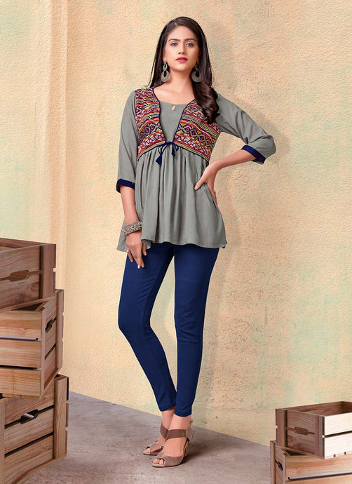 Cotton base Grey color 3/4th sleeves Short Kurti with embroidery