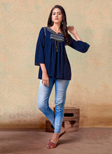Load image into Gallery viewer, Astonishing Navy Blue color Cotton base 3/4 th sleeves Short Kurti
