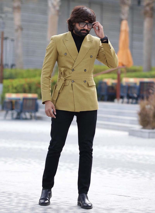 Yellow Color Double Breasted Check pattern Structured fit Blazer