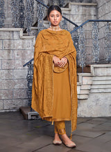 Load image into Gallery viewer, Ochre Brown Color Art Silk Base Sequins Work Pant Style Salwar Suit
