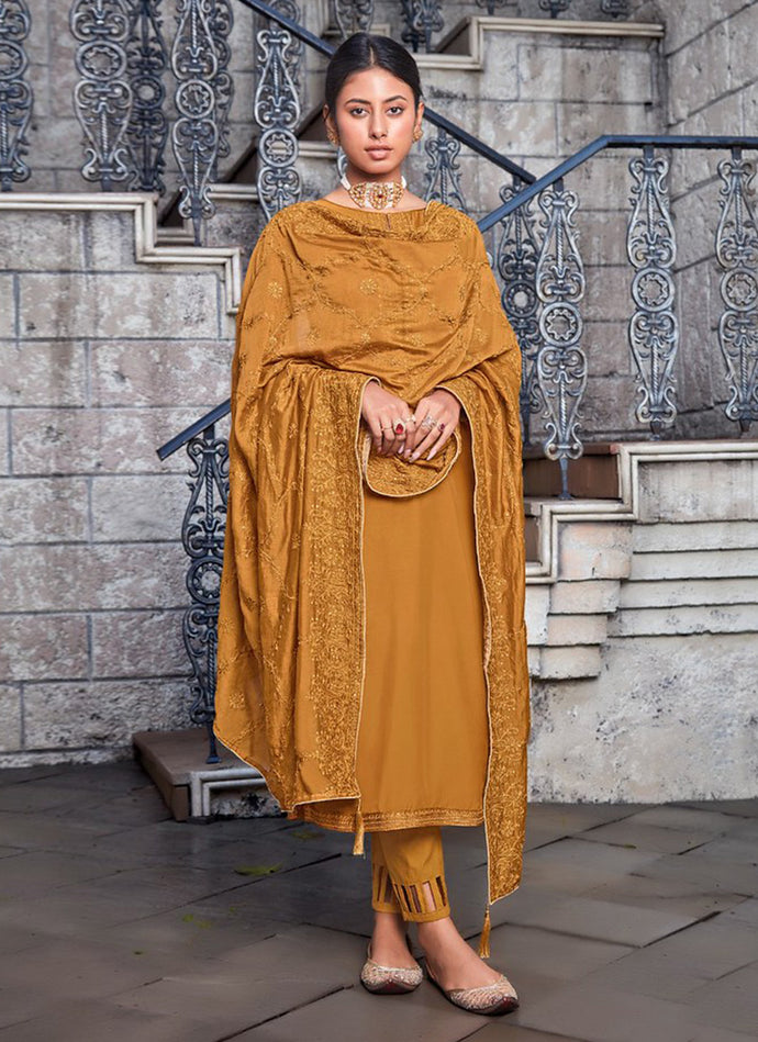 Ochre Brown Color Art Silk Base Sequins Work Pant Style Salwar Suit