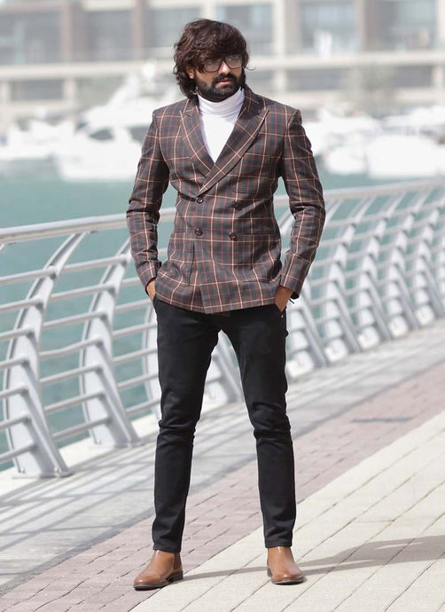 Structured fit Double Breasted Brown Color Check pattern Blazer