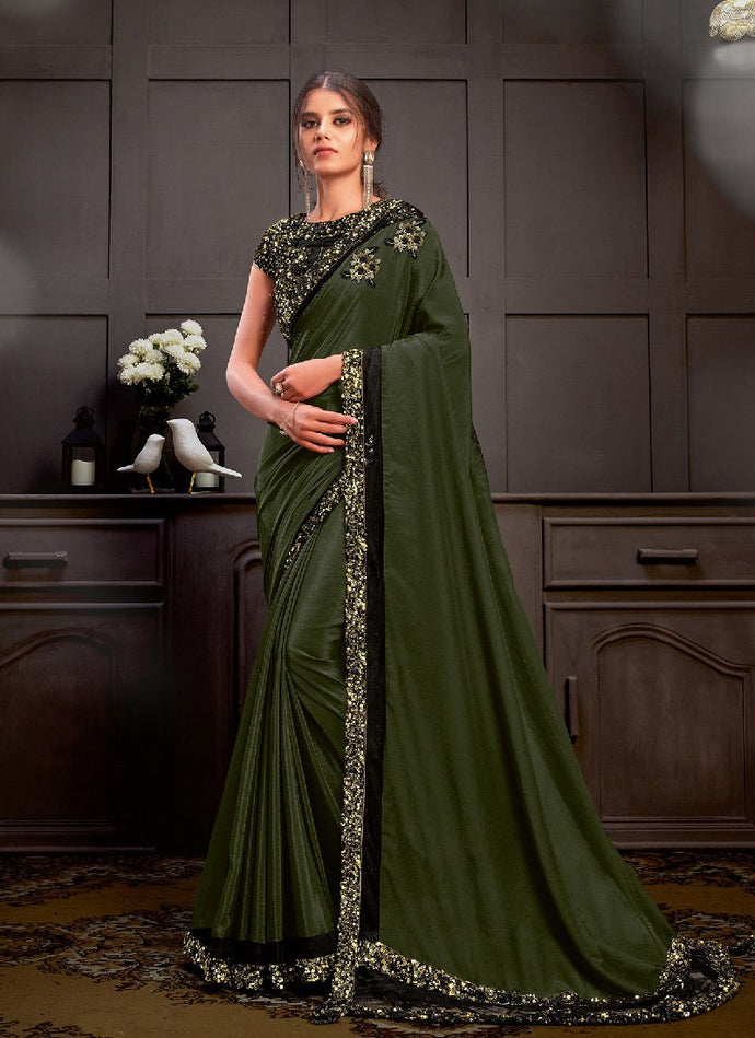 Glamourous green colored sequins based partywear saree