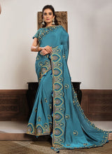 Load image into Gallery viewer, Dazzling Resham and Gota work Silk base Blue color Saree
