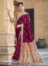 Load image into Gallery viewer, Maroon color Silk fabric 3/4th sleeves blouse Silk weave Saree

