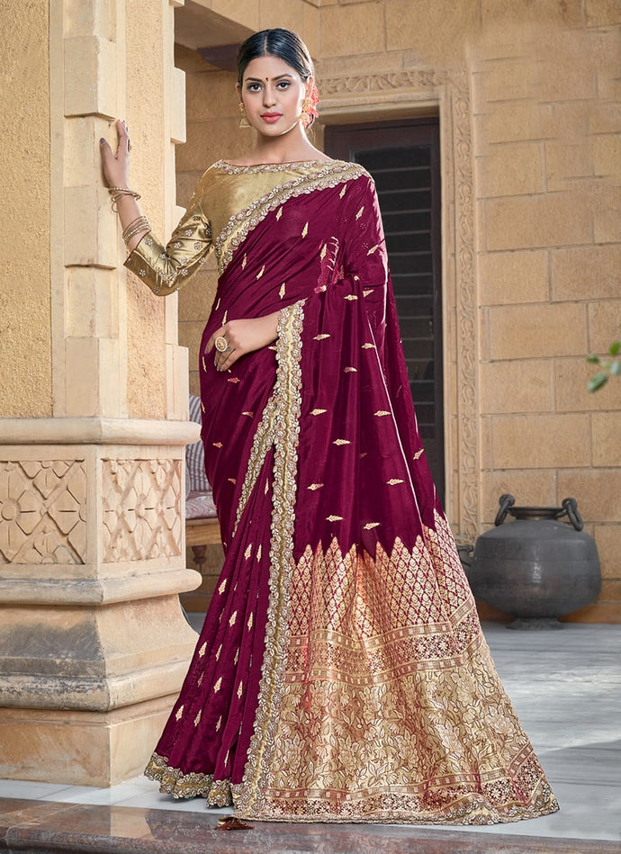Maroon color Silk fabric 3/4th sleeves blouse Silk weave Saree