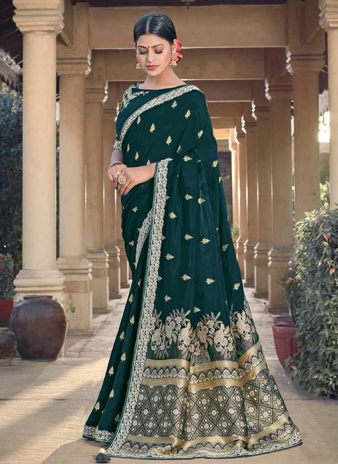 Dark Green color Silk base half sleeves blouse Silk weave Saree