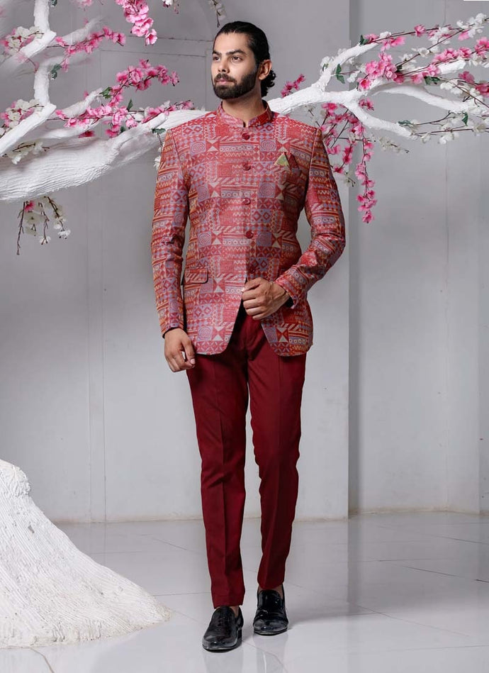 Maroon color Regular fit Printed pattern Designer Jodhpuri Suit
