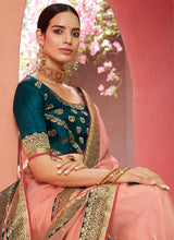 Load image into Gallery viewer, Online Festive wear light peach colored organza based saree
