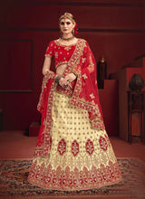 Load image into Gallery viewer, Tempting Weddingwear Red and Cream Colored Designer Lehenga Choli
