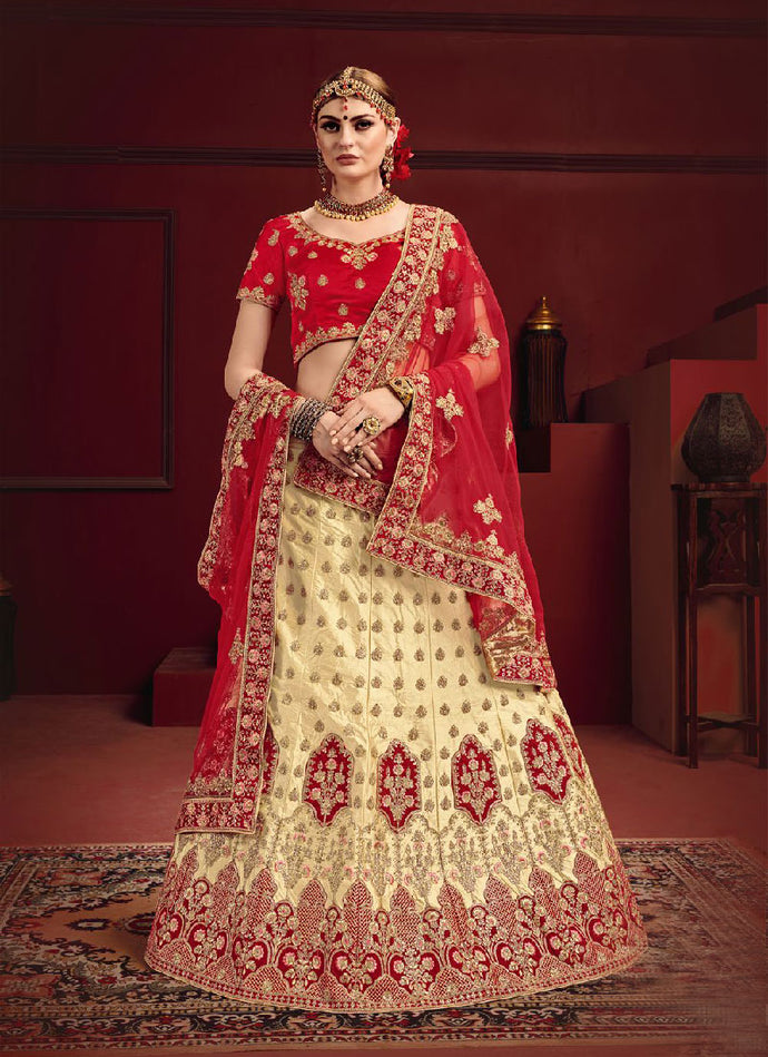Tempting Weddingwear Red and Cream Colored Designer Lehenga Choli