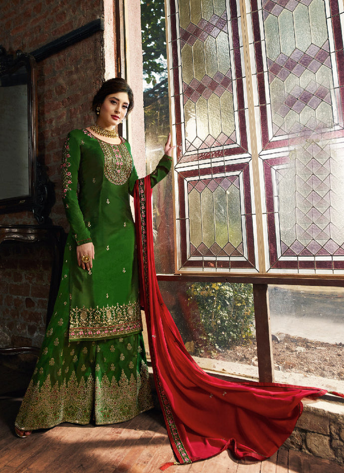 impressive forest green color heavy neck work palazzo suit