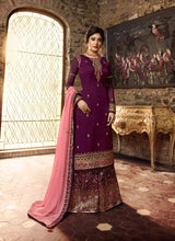 Load image into Gallery viewer, mystical cherry color georgette base palazzo suit
