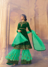 Load image into Gallery viewer, glorious green color satin georgette base sharara suit
