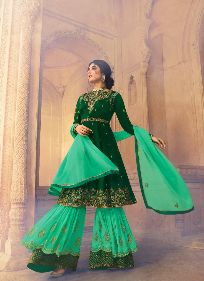 glorious green color satin georgette base sharara suit