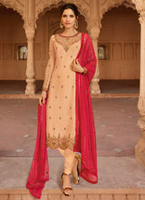 Load image into Gallery viewer, amazing peach color georgette base neck worked long choli lehenga and pent
