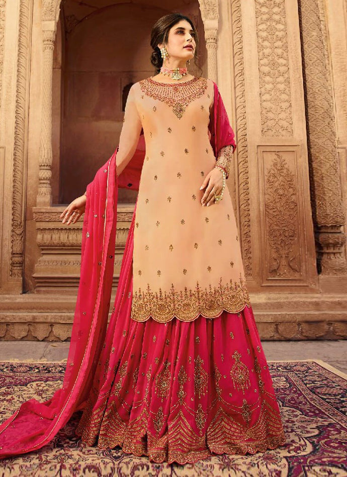 Buy amazing peach color georgette base neck worked long choli lehenga and pent