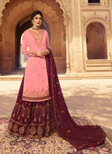 Load image into Gallery viewer, impressive pink color zari and pearl work base long choli lehenga
