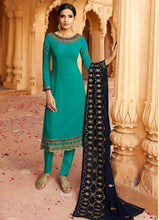 Load image into Gallery viewer, ravishing sea green color salwar kameez with black dupatta
