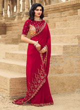 Load image into Gallery viewer, stunning red colored silk base designer saree
