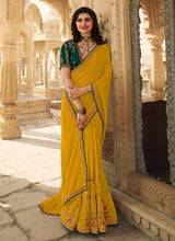 Load image into Gallery viewer, latest mustard and green colored silk base designer saree
