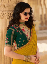 Load image into Gallery viewer, buy latest mustard and green colored silk base designer saree
