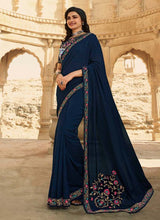 Load image into Gallery viewer, Royal blue and sky silk base designer saree
