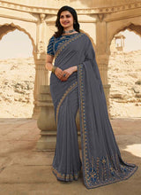Load image into Gallery viewer, Grey and Royal blue silk base designer saree
