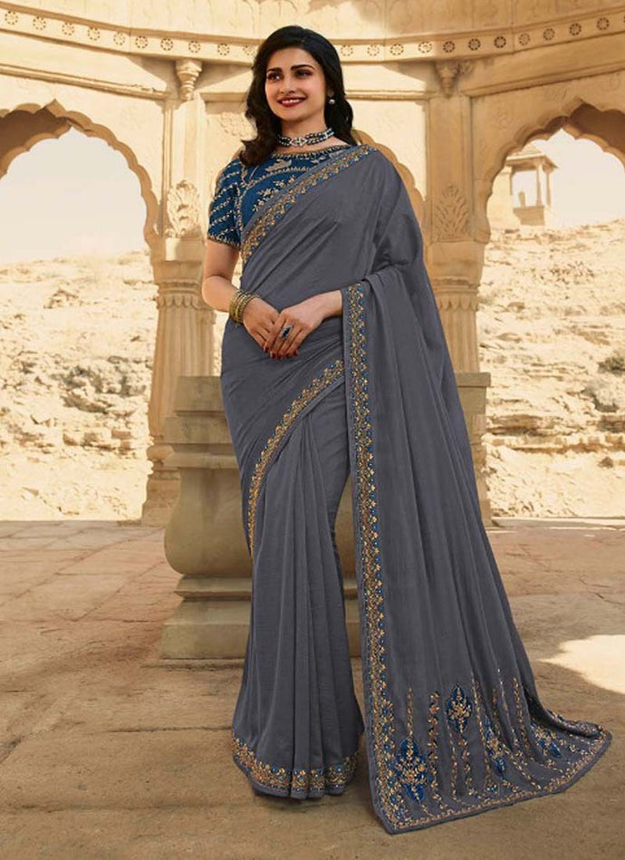 Grey and Royal blue silk base designer saree