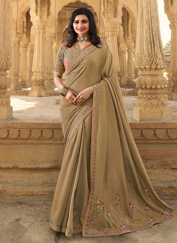 royal look beige colored silk base designer saree