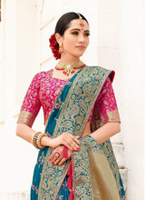 Load image into Gallery viewer, Buy pretty look turquoise blue silk weave wedding wear saree
