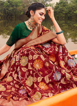 Load image into Gallery viewer, Buy eye catching red and green multi colored silk weave saree
