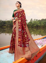 Load image into Gallery viewer, eye catching red and green multi colored silk weave saree
