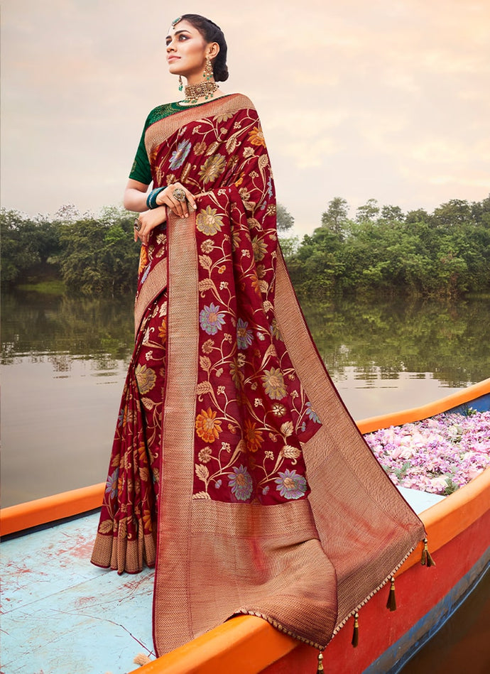 eye catching red and green multi colored silk weave saree