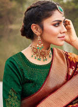 Load image into Gallery viewer, shop eye catching red and green multi colored silk weave saree
