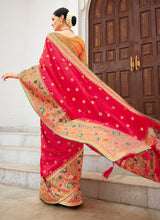 Load image into Gallery viewer, Shop coral red colored silk weave wedding wear saree
